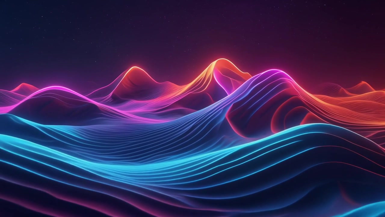 Paisaje abstracto de neón resplandeciente con ondas en movimiento