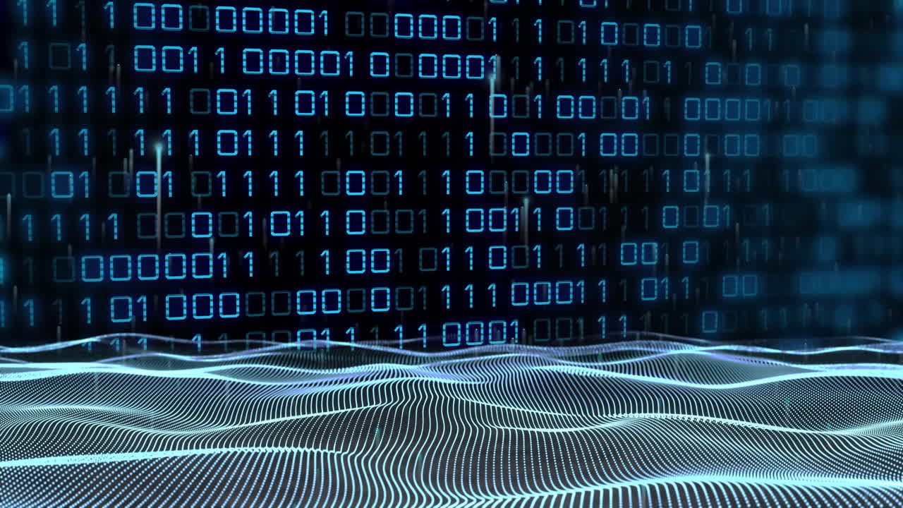 Binary code and digital waves, data processing animation