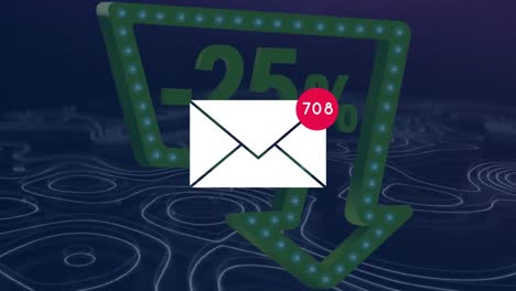 Message-icon-with-increasing-numbers-over-25-percent-sale-text-over-neon-sign-against-topography