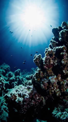 sunlit underwater coral reef with schools of fish