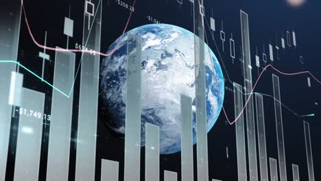 Animation-Der-Bewegung-Mehrerer-Diagramme-Und-Zahlen-Mit-Blendenfleck-über-Rotierendem-Globus