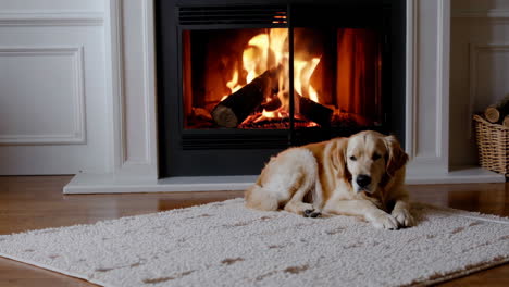 golden retriever relaxing by the fireplace