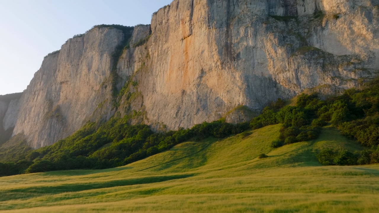 Golden Cliff Meadow With Sweeping Grass, Warm Evening Light On Stone Face And Rolling Pasture, Gentle Breeze