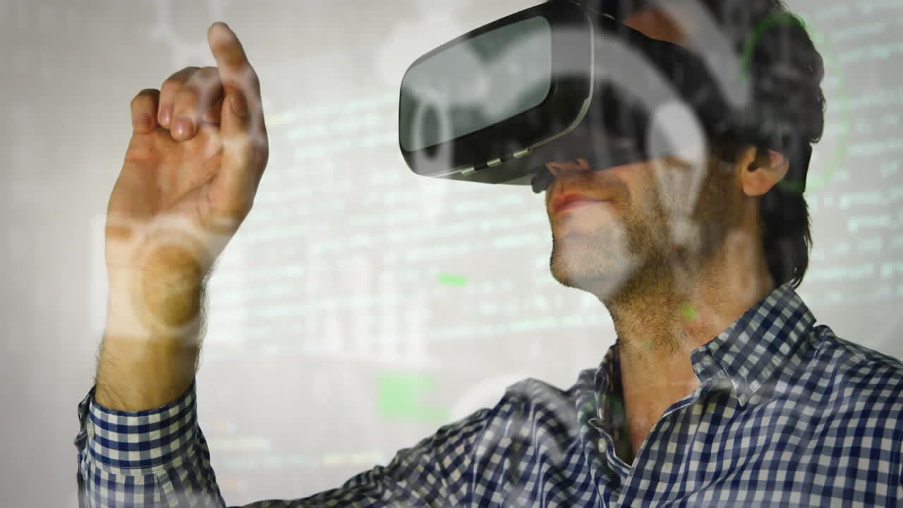 animación de iconos de las redes sociales sobre un hombre biracial que usa auriculares vr