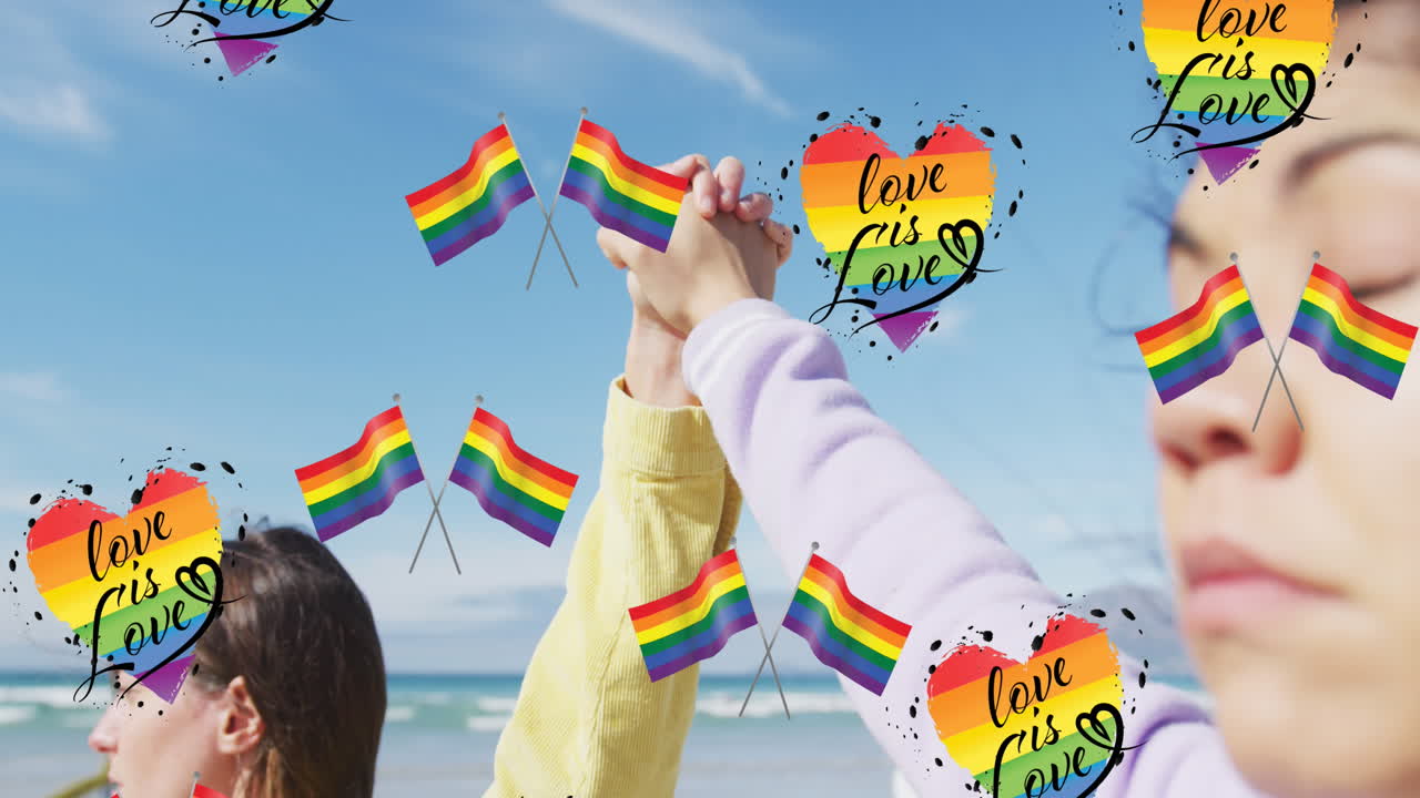 animación de banderas arco iris, corazón y amor es amor sobre pareja de lesbianas tomadas de la mano al aire libre