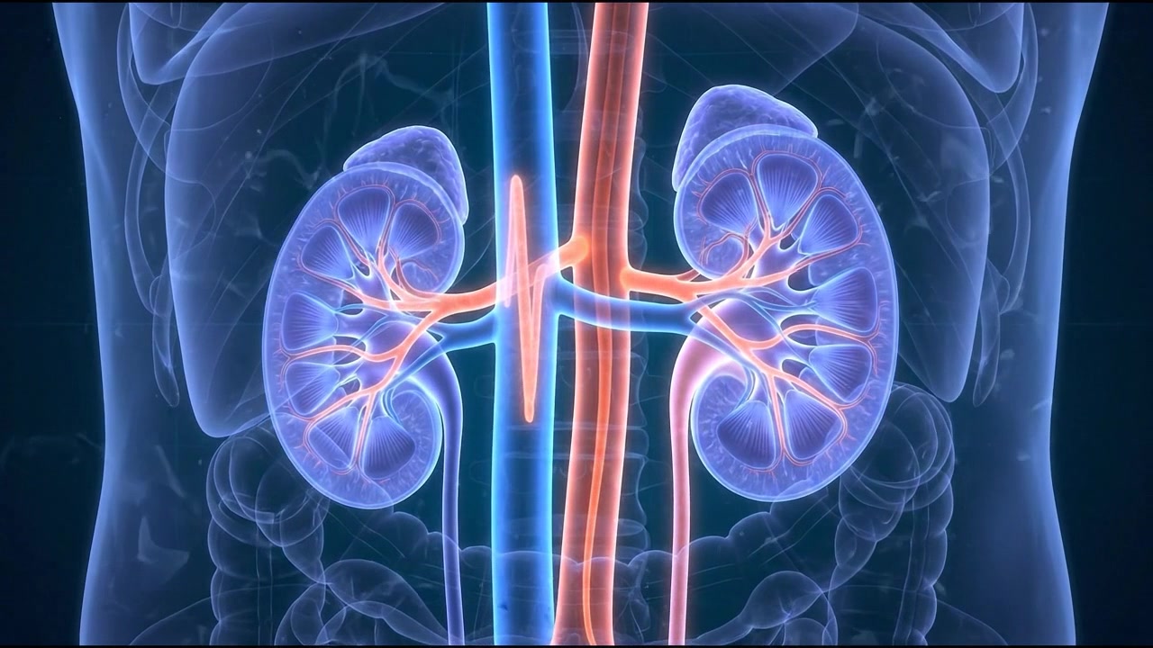 Glowing blue 3D pair of human kidneys with urinary bladder connection