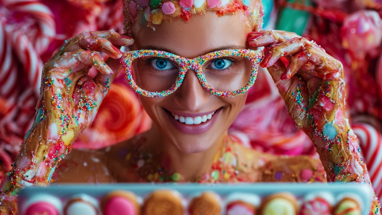 A Whimsical Celebration of Color and Flavor: A Smiling Individual with Candy-Themed Accessories Surrounded by a Vibrant Array of Sweets, Creating a Fun and Playful Atmosphere