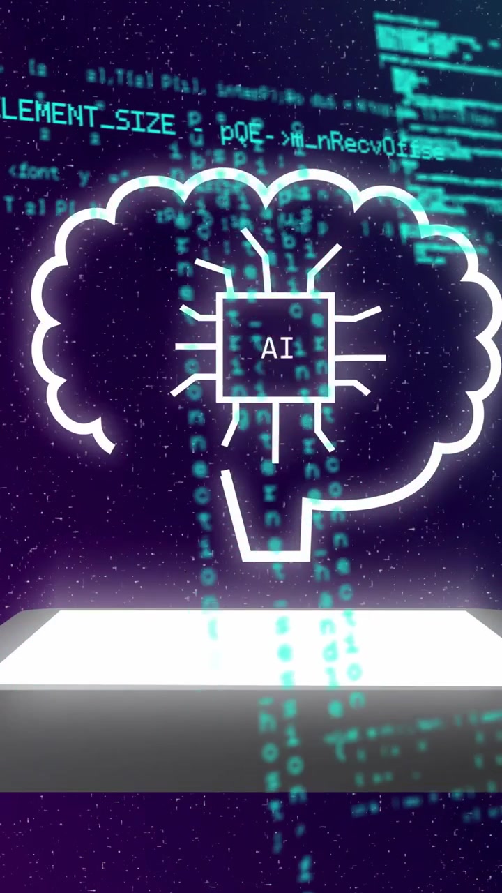 Vertical video: Platform activating, projecting AI brain hologram with chip, visualizing code flow