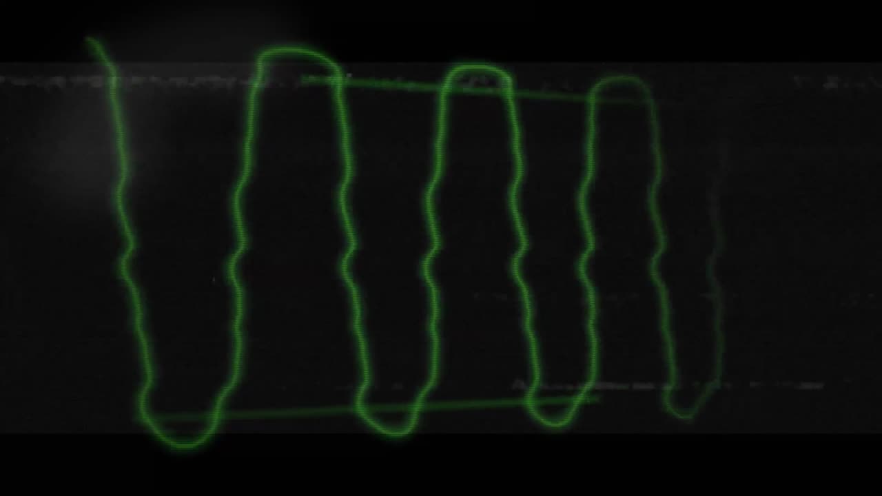 Animation of glowing green multiple waves with glitch on black screen in the background