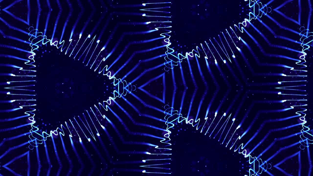 칼레도스코프 추상 테마: 빛나는 파란색 입자가 선, 표면, 패턴, 복잡한 대칭 구조를 형성하는 4k 루프 sf 3d 배경