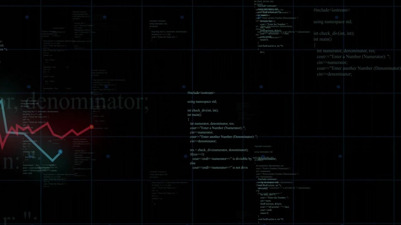 Emerging lower left cyan and red lines zigzagging in grid code bouncing to plateau showing trends