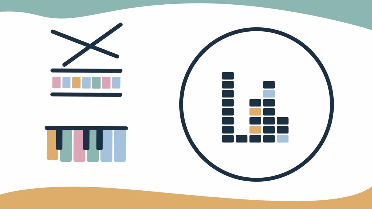 색 배경에 있는 만화 음악 아이콘의 4k 비디오