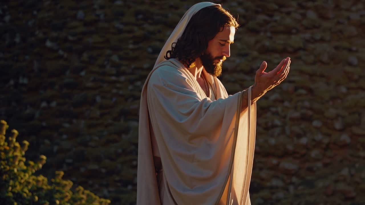 A serene, side-angle shot of a robed figure with outstretched hand, set against a textured stone