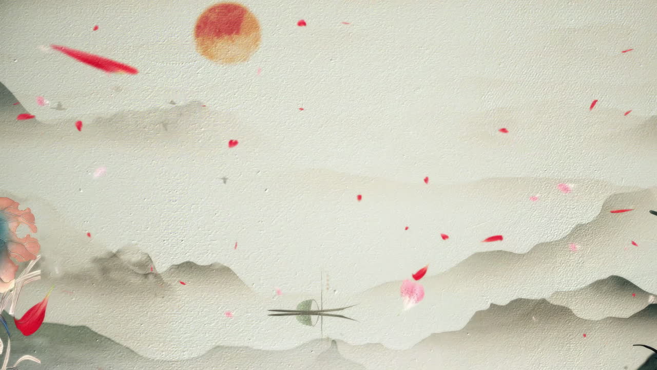 Serene Ink Wash Landscape with Lotus and Petals