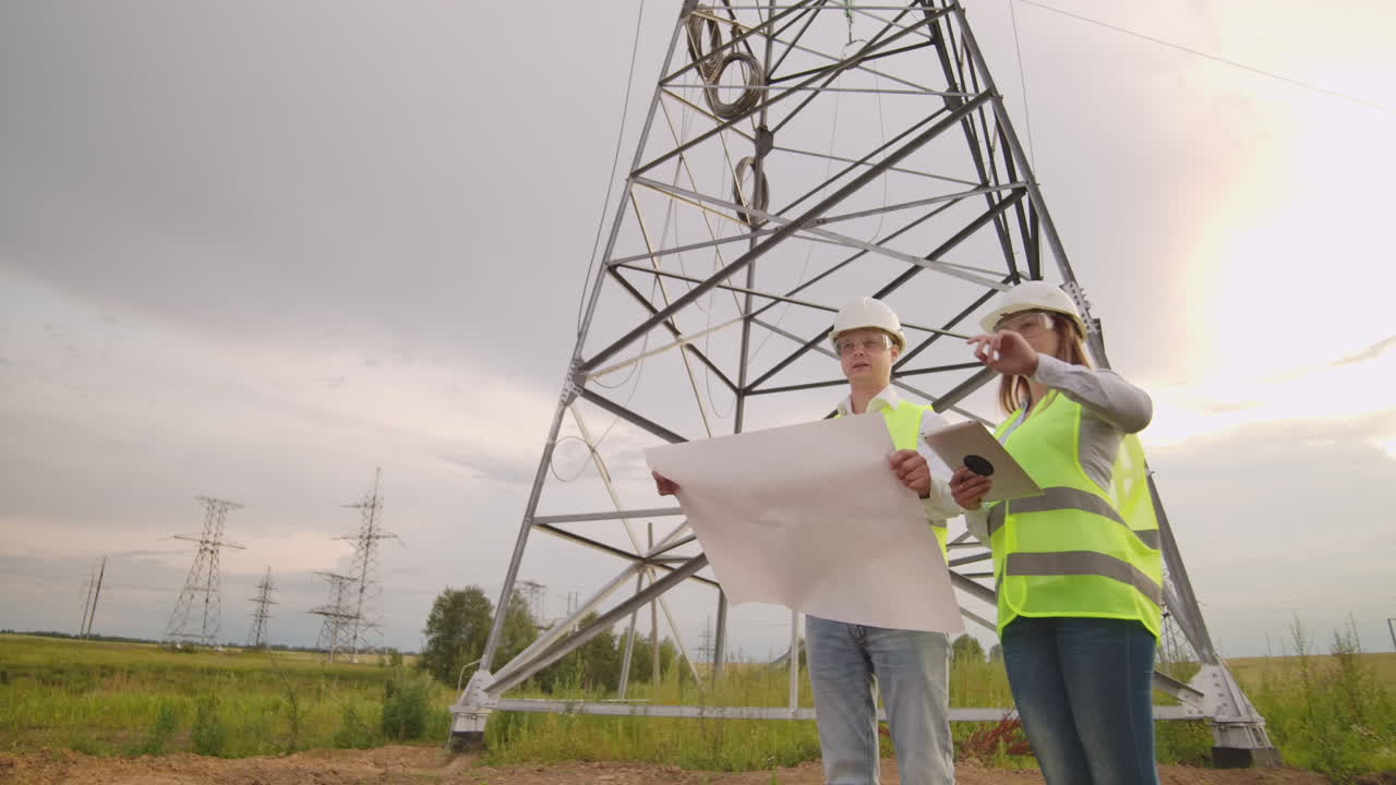 An electrician male and female in the fields near the power transmission line. He is an electrician who manages the process of erecting power lines. The mechanic in a helmet and Manager with tablet