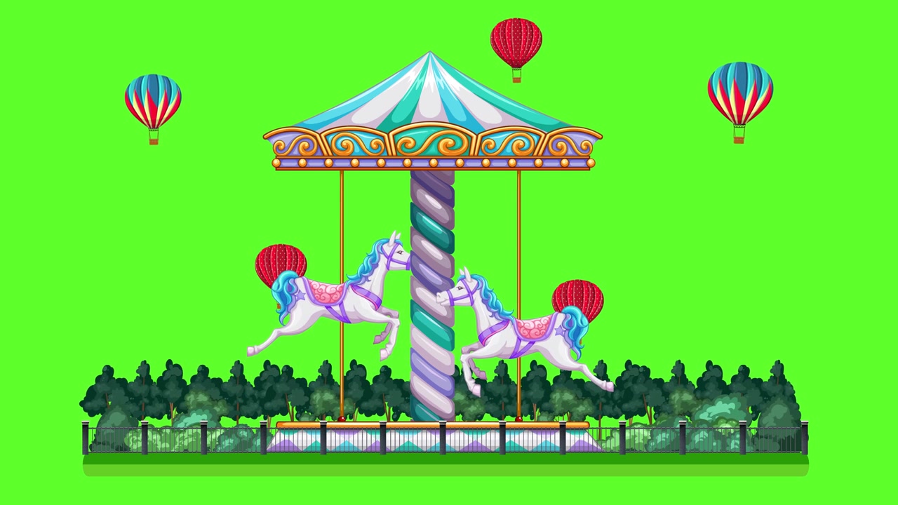 A colorful cartoon carousel rotates with horses while hot air balloons float against green screen