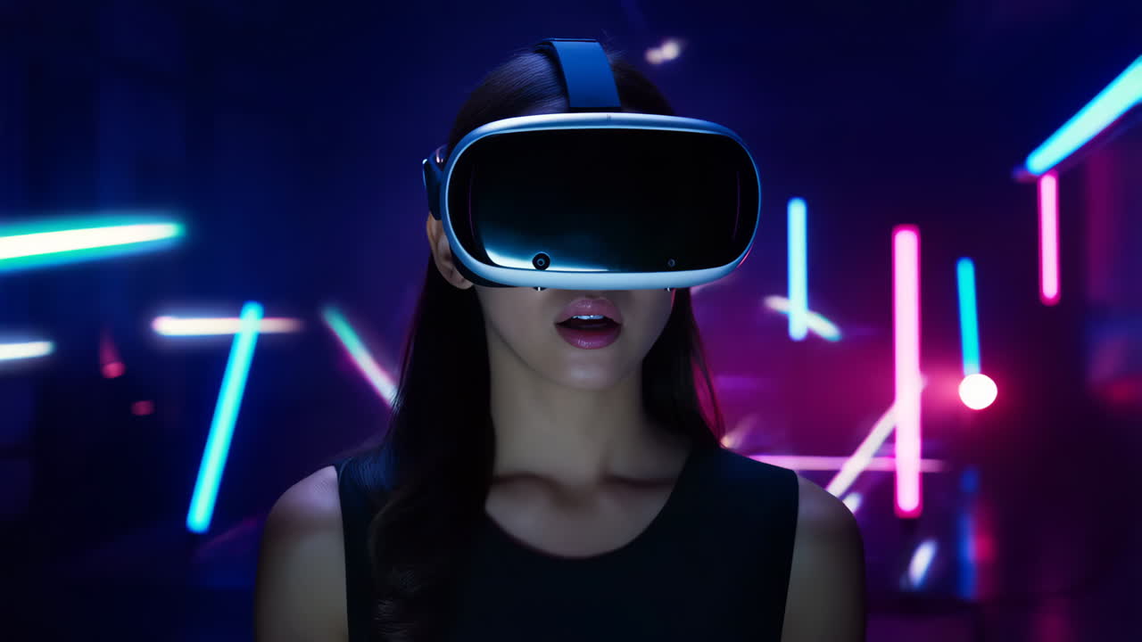 Woman Experiencing Virtual Reality in a Neon-Lit Environment