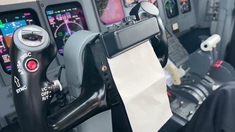 close view inside a modern jet cristal cockpit of the captain control wheel