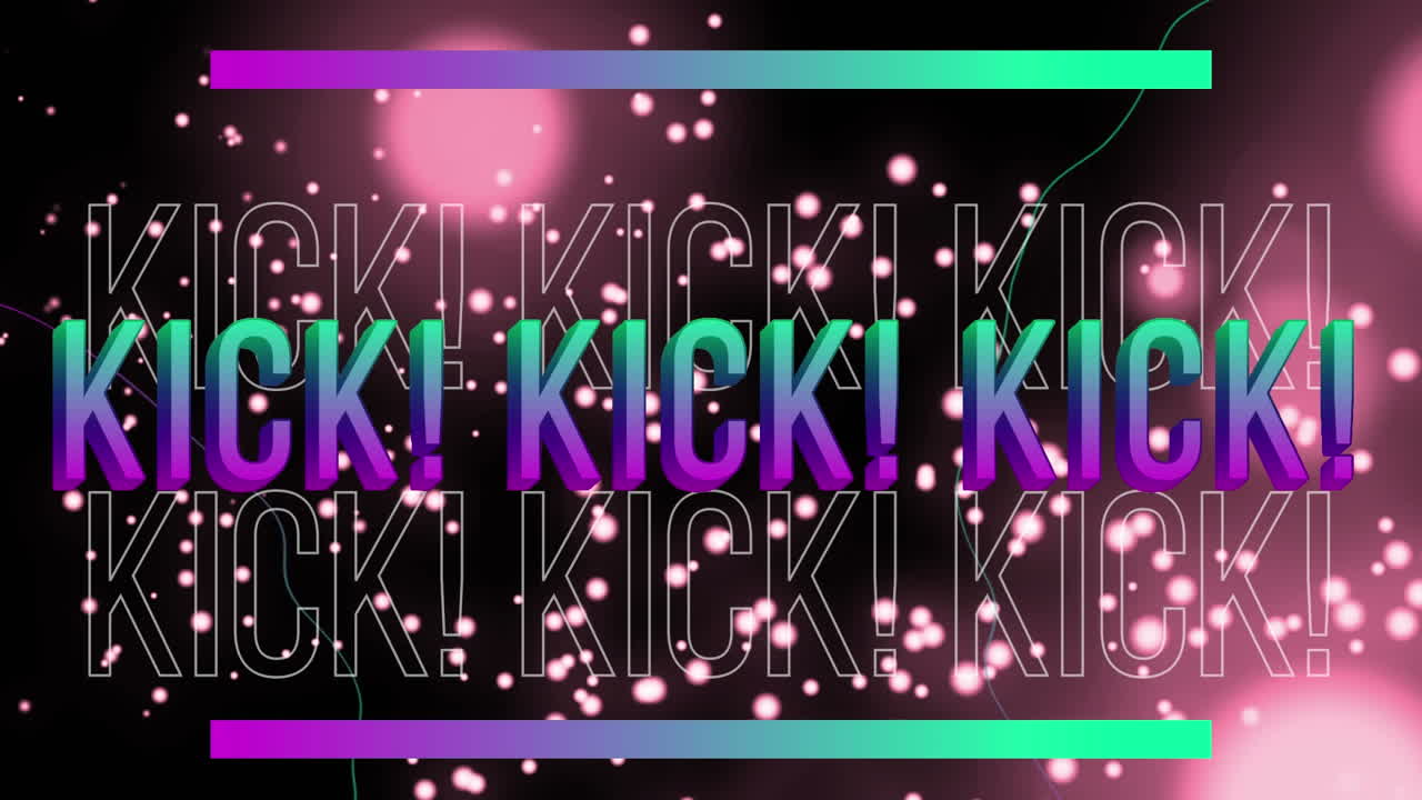 초록색과 보라색으로  ⁇  텍스트의 애니메이션은 검은색 바탕에 분홍색 빛과 입자 위에 있습니다.