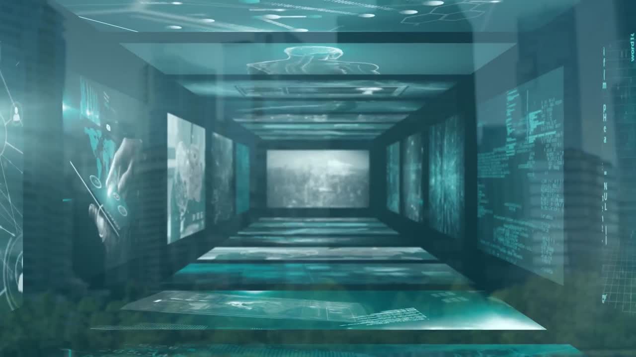 도시 풍경의 공중 전망에 대한 데이터 처리를 가진 화면의 애니메이션