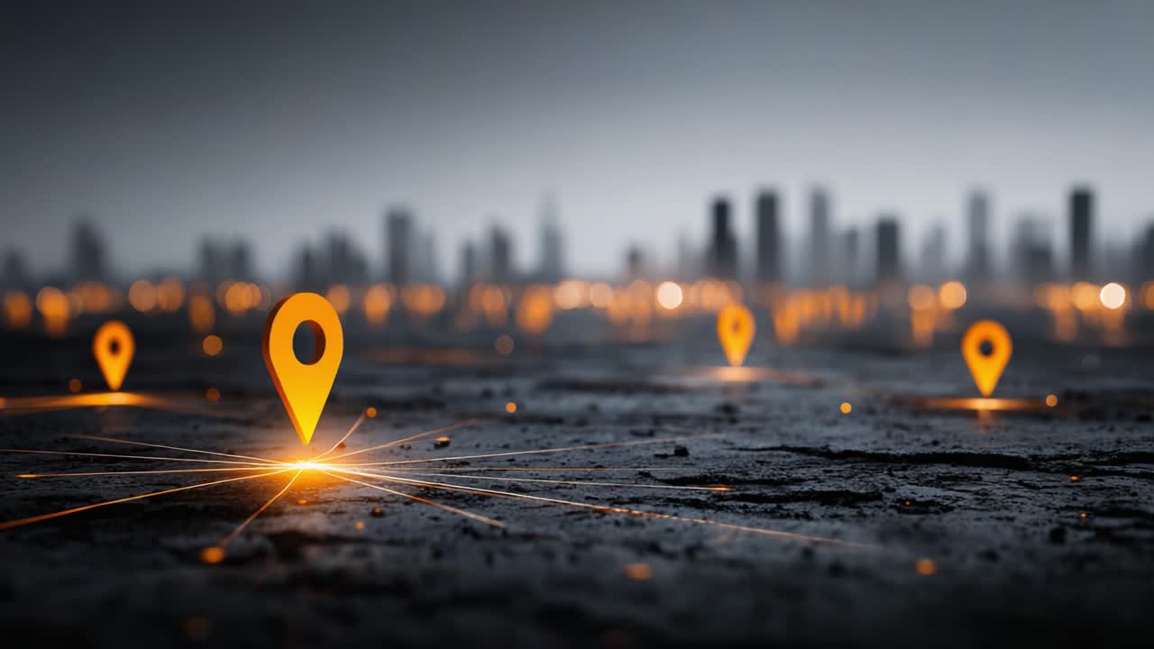 An Eye-Catching Visual Display of Location Markers Illuminating a Futuristic City Landscape at Dusk, Highlighting the Intersection of Technology and Urban Life