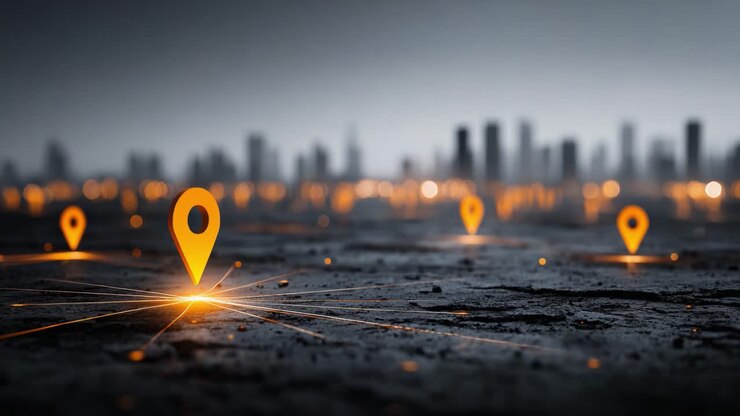 An Eye-Catching Visual Display of Location Markers Illuminating a Futuristic City Landscape at Dusk, Highlighting the Intersection of Technology and Urban Life