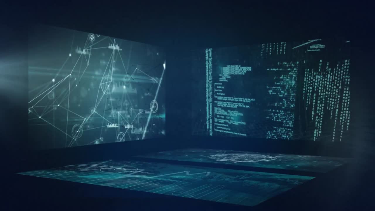 Animation of diverse scientific data on screens on navy background