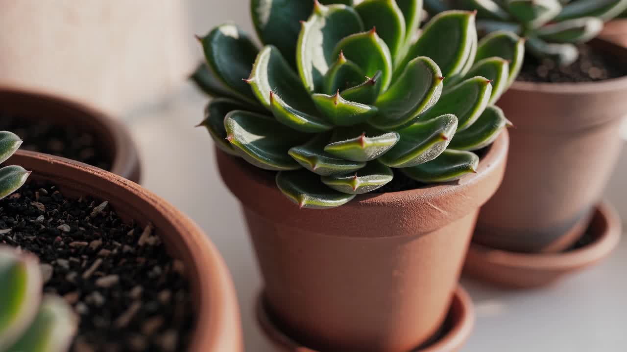 Video ravvicinato di succulente in vaso sotto una luce solare soffusa, che mostra le loro foglie verdi e vibranti.