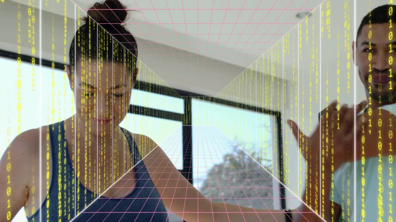 Fitter approaching lifting seated woman arms, adjusting fitness top for fit by windows with AR grid