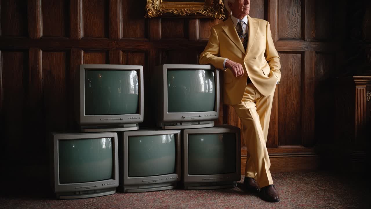 Ein eleganter Mann in einem gelben Anzug posiert selbstbewusst neben mehreren Vintage-Fernsehern in einem reich dekorierten Raum und fängt eine Mischung aus Nostalgie und Stil ein