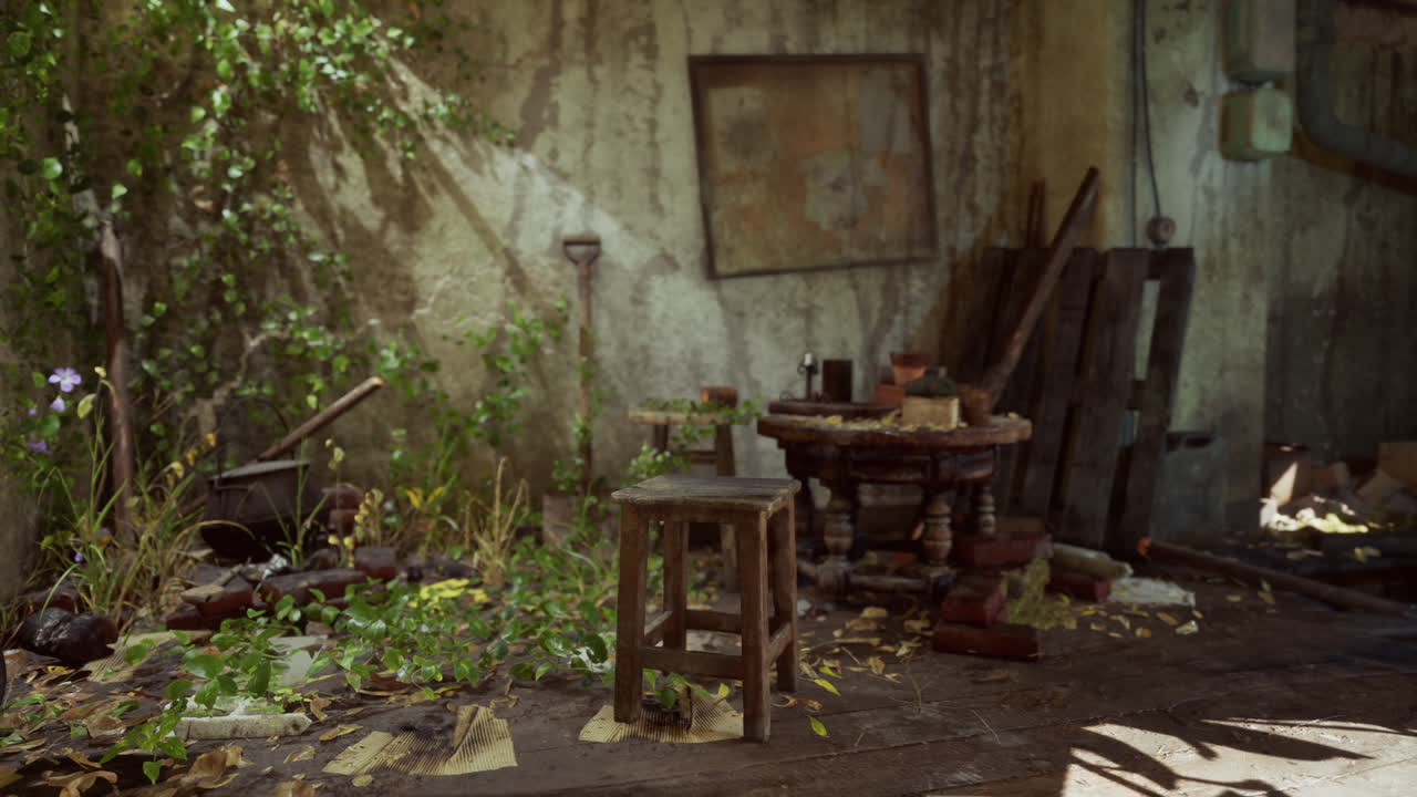 Abandoned interior with rustic furniture and natural overgrowth in dim light