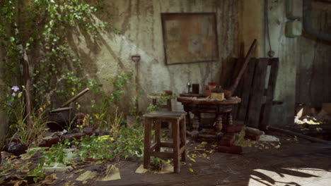 abandoned interior with rustic furniture and natural overgrowth in dim light