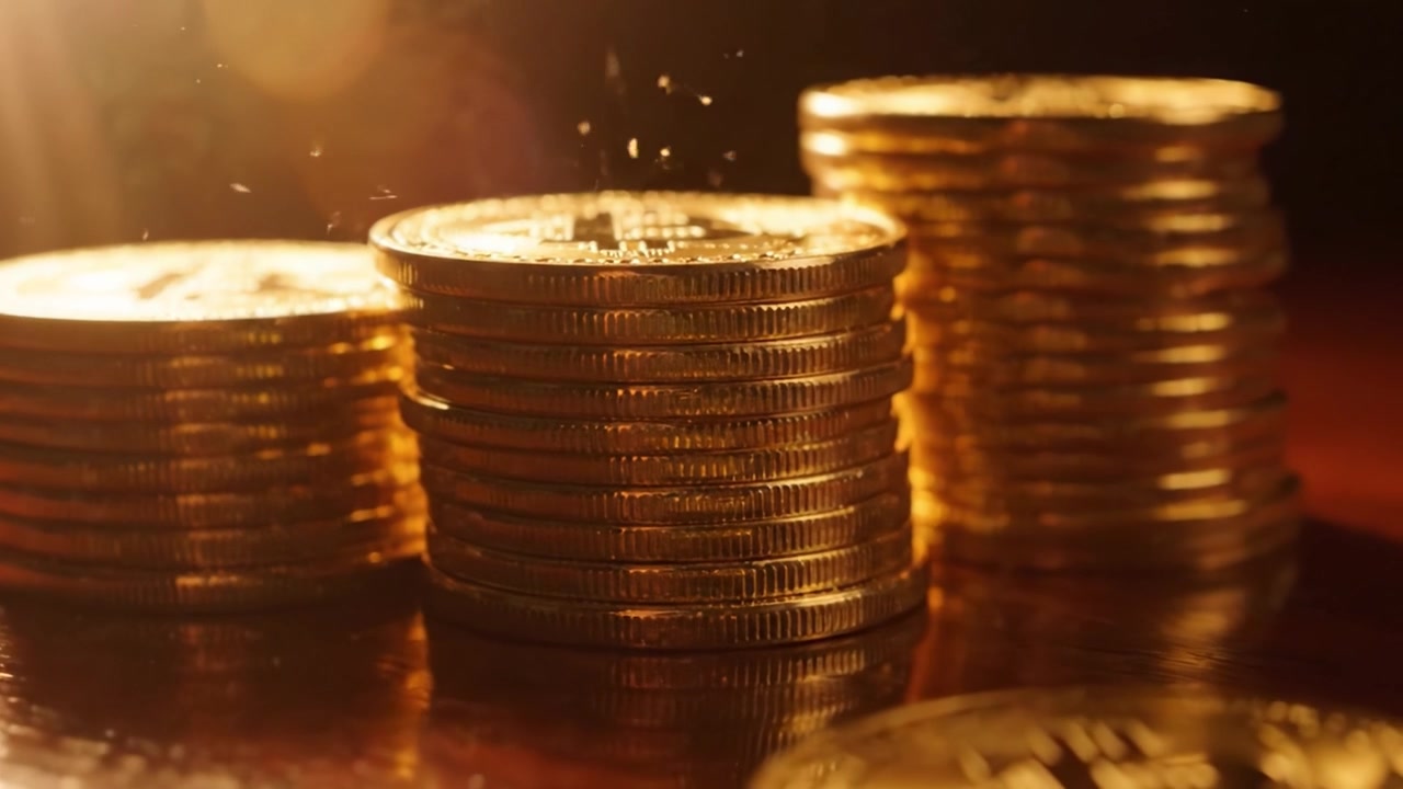 Stacks of Glimmering Gold Coins Highlighting the Rise of Cryptocurrency in a Warm, Inviting Light as Technology and Finance Merge in the Digital Age