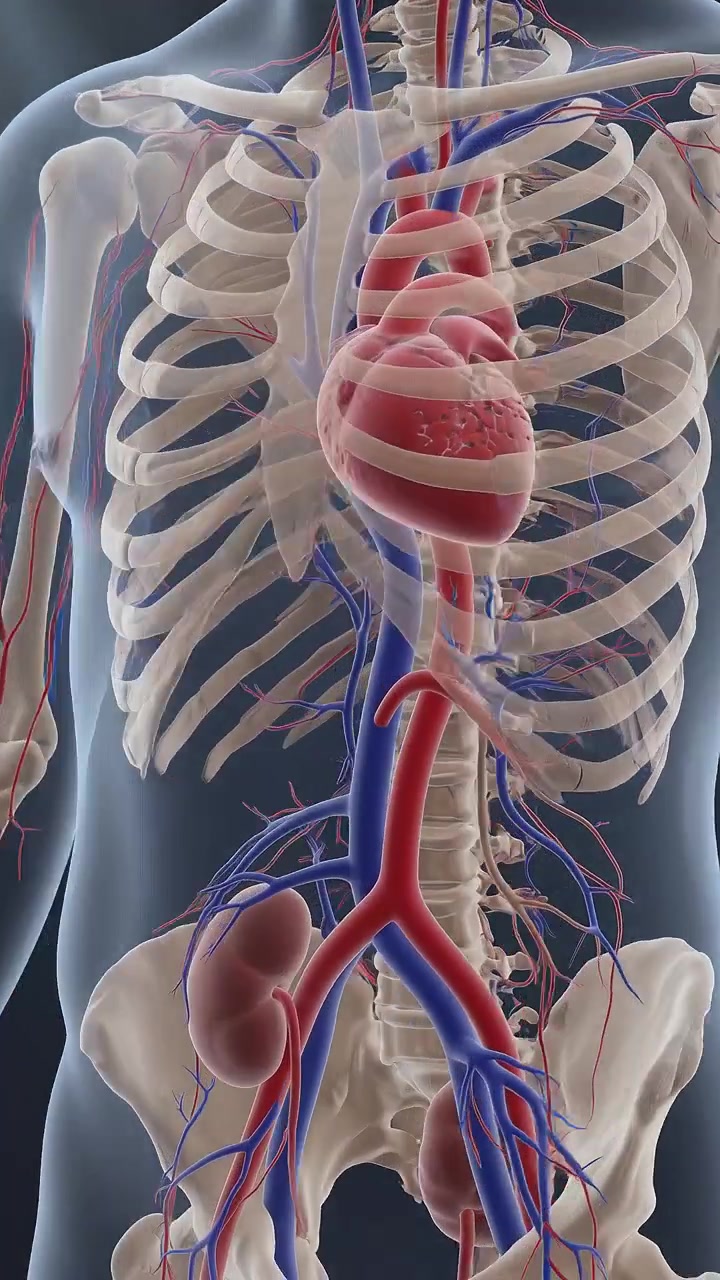 Grafico wireframe anatomico completo che mappa costole umane, cuore e rete vascolare interna