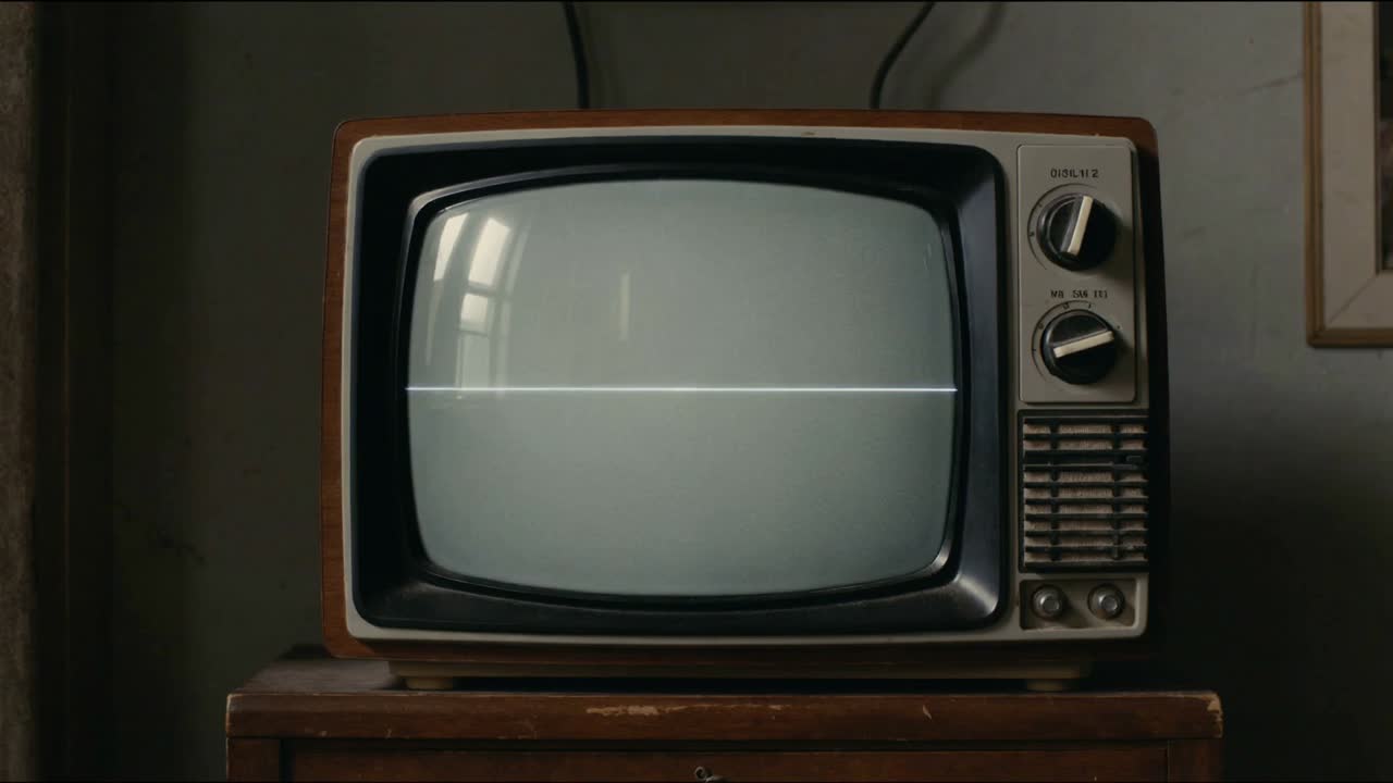 Accensione di un televisore CRT vintage in una stanza modesta con cavo, che mostra una barra luminosa che collassa, segnale assente