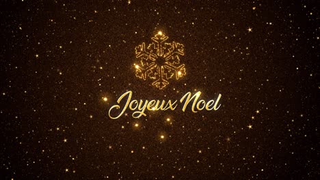 hermoso gráfico animado estacional en movimiento de un intrincado copo de nieve representado en partículas brillantes sobre un fondo estrellado, con el mensaje estacional "joyeux noel" que aparece