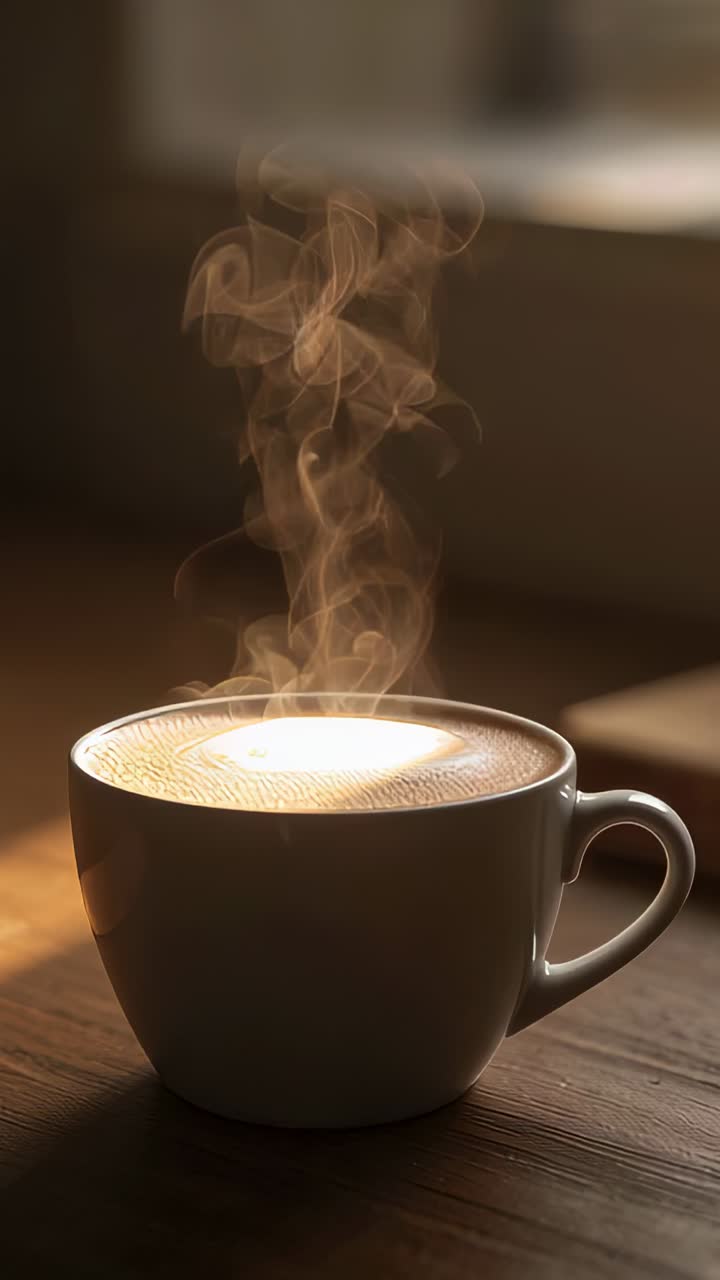 Vertical video: Releasing curling steam, white cup cooling on wooden table by window, bright foam