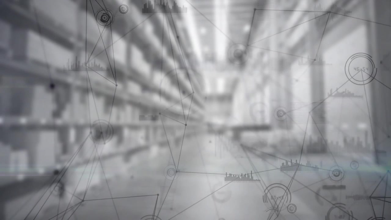 Nodi digitali che appaiono gradualmente in una sovrapposizione di dati che scorre lungo il corridoio di un magazzino, visualizzando dati logistici.