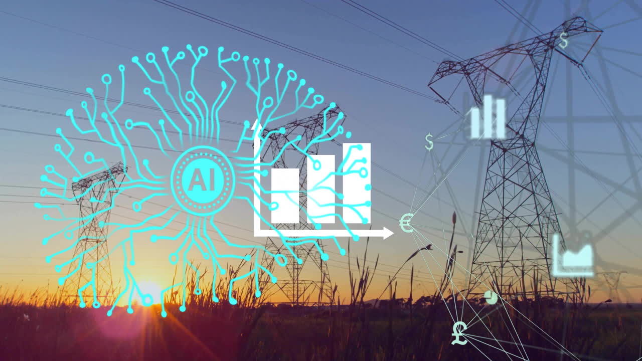 AI network and financial symbols over power lines at sunset