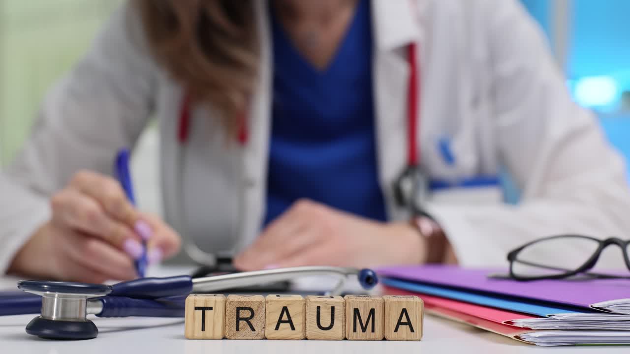 Medical professional and 'TRAUMA' word blocks