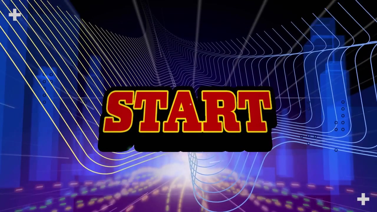 Animation of start text over neon shapes and digital city on black background