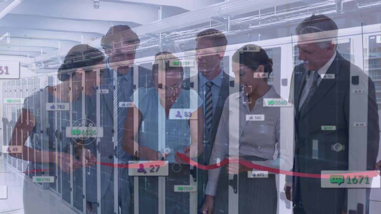 Animation of data and social media icons over diverse business people