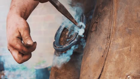 a smoking horseshoe being pressed into a hoof by a farrier to test the sizing before shaping