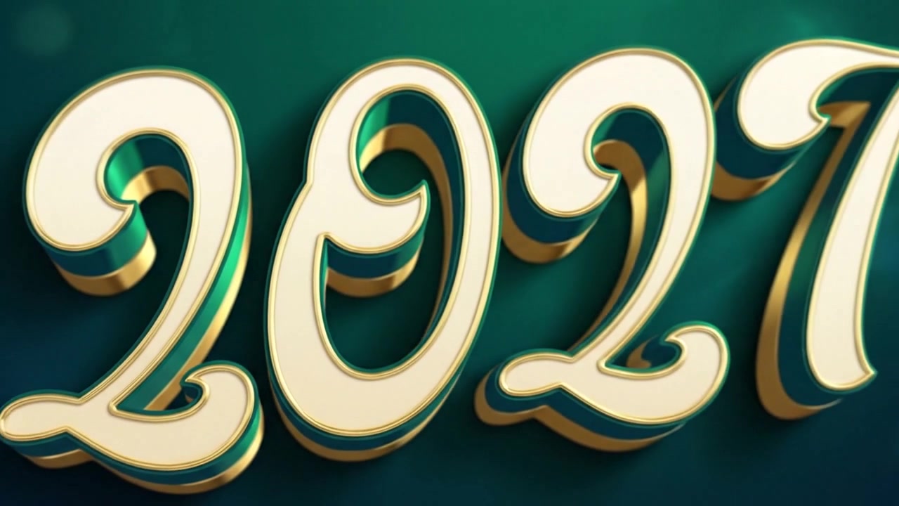 Numeri animati del nuovo anno 2027 con scritte in corsivo verde oro e sfondo scuro