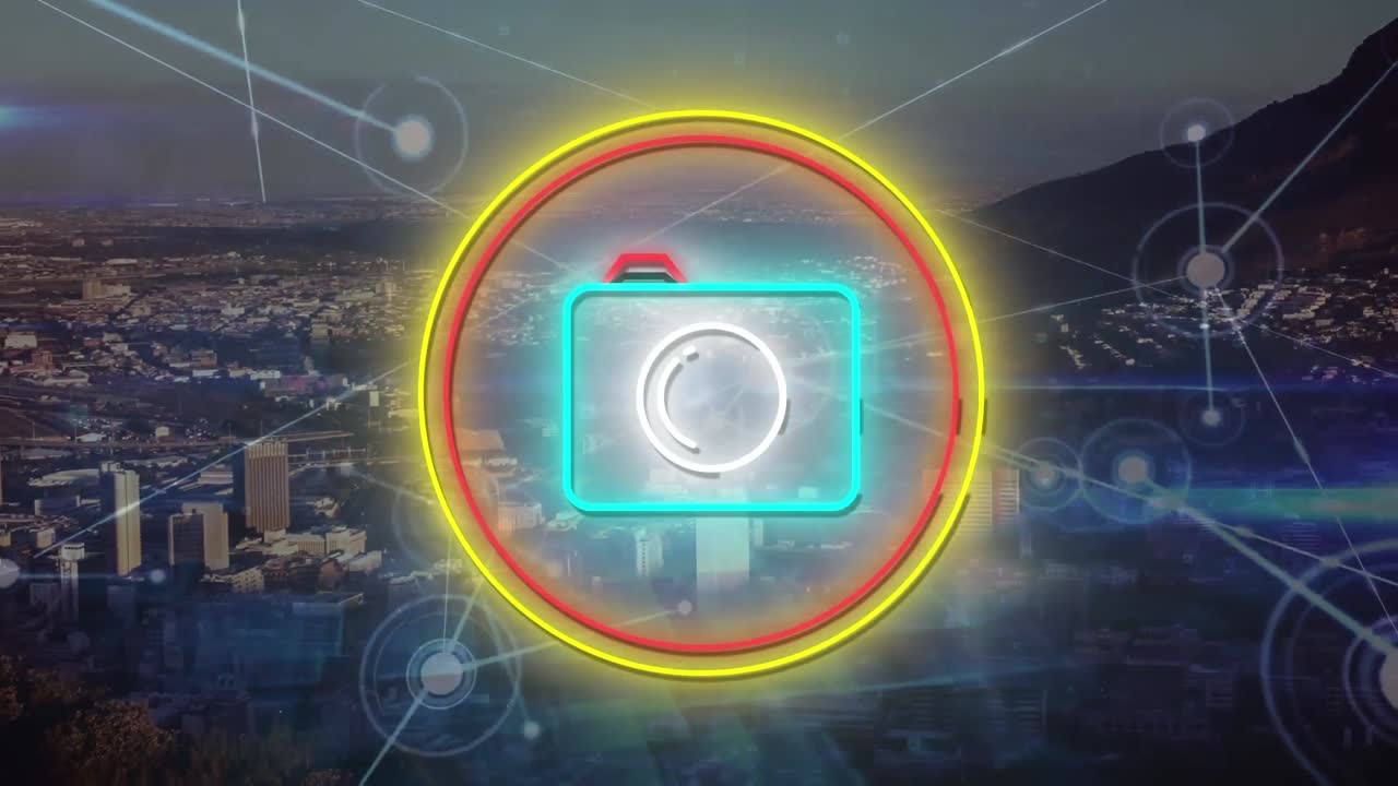 도시 풍경과 카메라 아이콘을 통해 연결 네트워크의 애니메이션