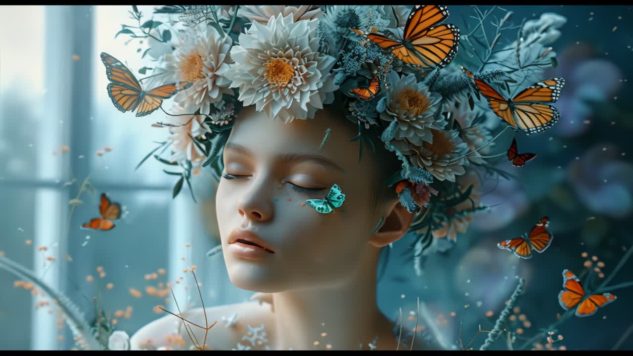A woman with a flower and butterflies on her head, World mental health day concept