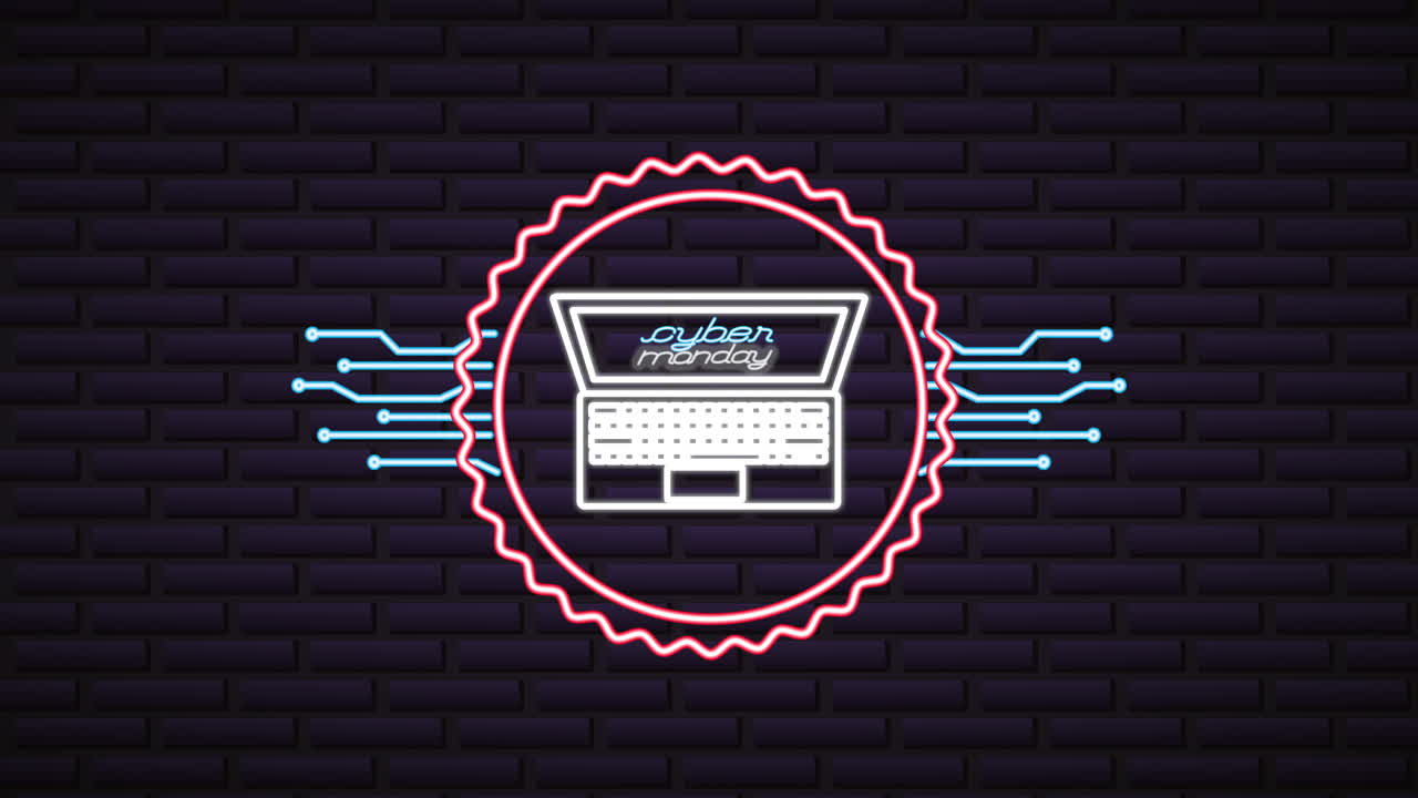 cyber monday neon lights animation with laptop