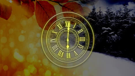 animation of yellow clock with fast moving hands and light spots over autumn leaves and winter scene