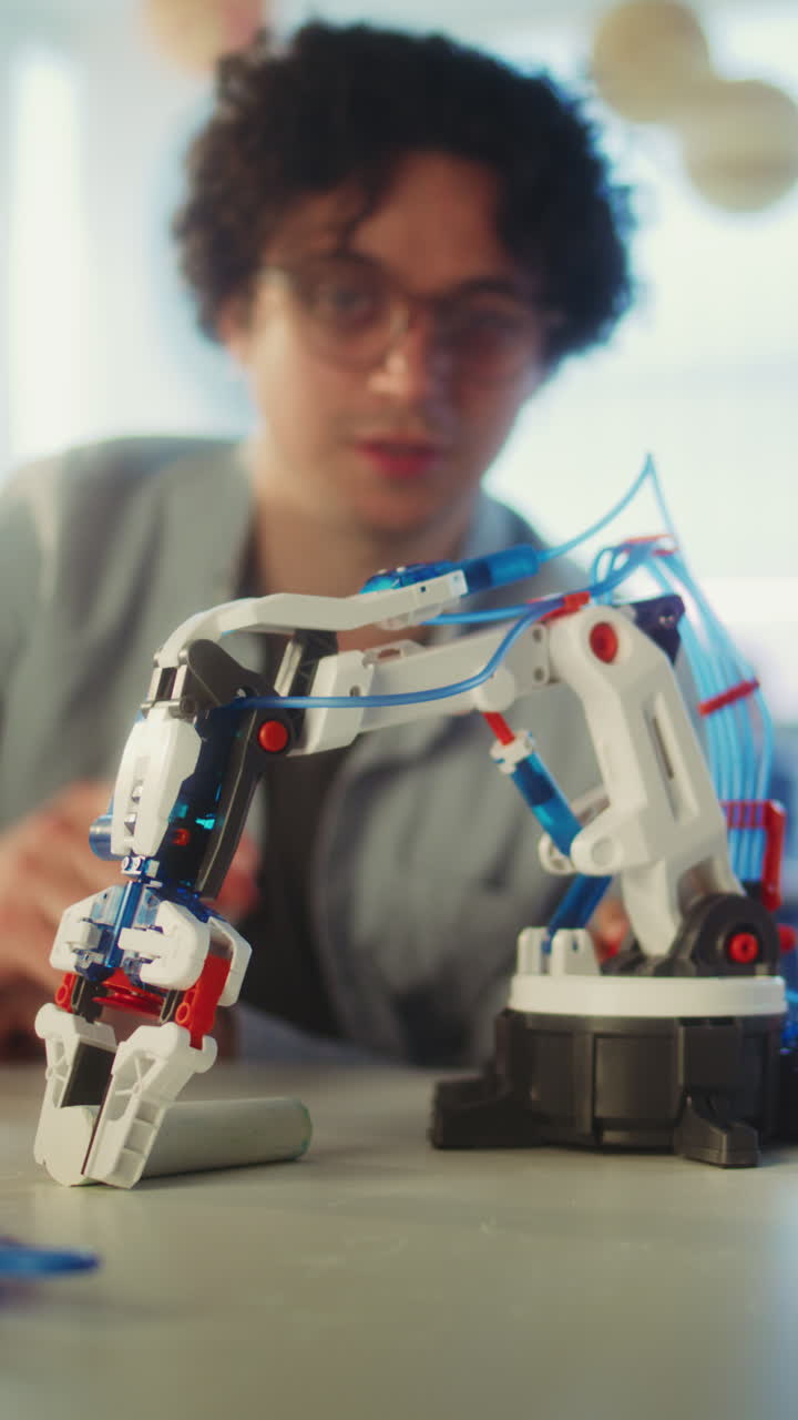 estudiante trabajando en un proyecto de brazo robótico
