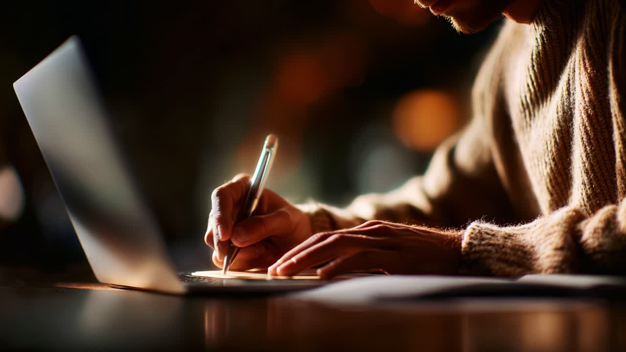 A Cozy Evening of Creativity: A Person Diligently Writes on a Laptop While Holding a Pen, Illuminated by Soft Ambient Light in a Warm Environment